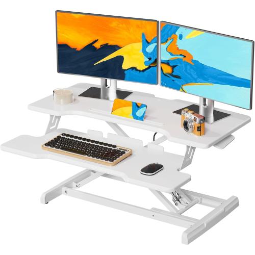 JYLH JOYSEEKER Standing Desk Converter 32 inch, Height Adjustable Sit Stand Desk Riser, Quick Sit to Stand Tabletop Dual Monitor Riser Workstation for Home Office with Keyboard Tray, White