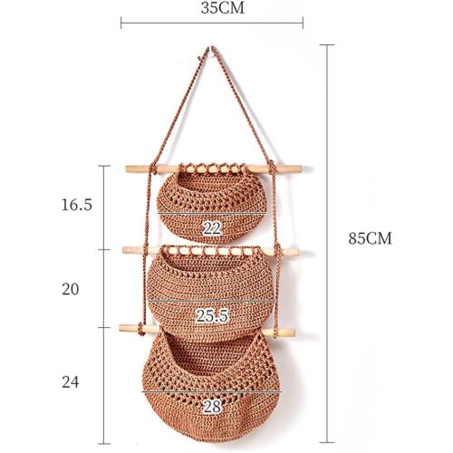 Hanging Fruit Basket, 1 Tier/3 Tier Boho Handmade Woven Wall Hanging Fruit Basket Vegetable Storage Baskets for Kitchen Home Wall Decor