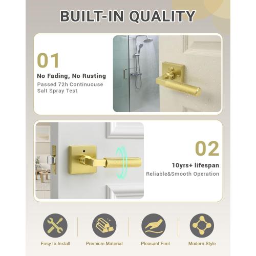 KNOBWELL 1 Pack Gold Door Handle Square Doorknob with Lever Interior Door Lever for Bed and Bath (Push Button)