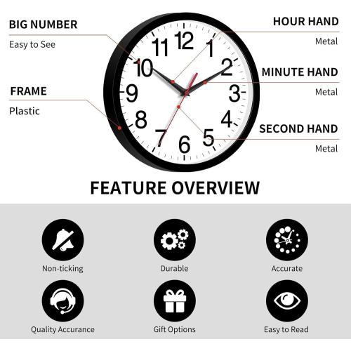 Rohioue Wall Clock Modern 8 Inch Battery Operated Silent Non Ticking Small Analog Clock for Living Room Office Home Bedroom Kitchen Bathroom(Black)