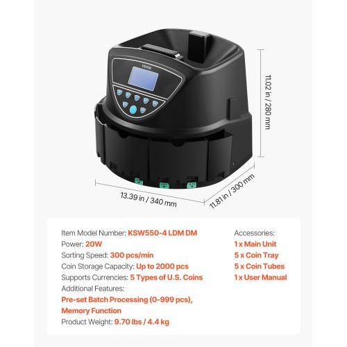 VEVOR Upgraded Coin Counter & Sorter, Coin Sorter and Wrapper Machine with Intuitive Display, Change Counter for USD Coins 1￠ 5￠ 10￠ 25￠ $1, Sorts up to 300 Coins/Min, with 5 Coin Tubes and 5 Trays