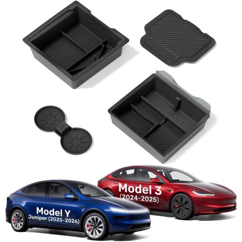 Zanch Tesla New Model Y Juniper & Model 3 Center Console Organizer [Noise-Free, Slide Smoothly] Double Layer Storage Space - Model 3 (2024~2026)/Model Y Juniper Accessories, 4PCS