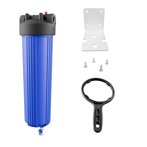 20 x 4.5 Whole House Water Filter Housing with Bottom Drain Port - 1 NPT Brass Ports, BPA-Free Blue Sump, Double O-Ring Leak-Proof - Fits All Standard 20x4.5 Filters