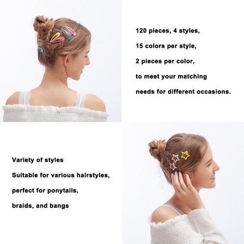 Multicolor 120Pcs Hair Clips for Girls,Non Slip Metal Snap Hair Clips for Kids Star & Butterfly hair accessories (4 Styles and 15 Assorted Colors)