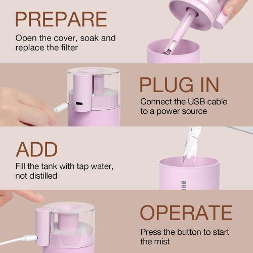 Portable Mini Humidifier, 180ml USB Cool Mist Small Humidifiers for Bedroom, Personal Desktop Humidification for Car Office Travel & Indoor Plants(Pink)