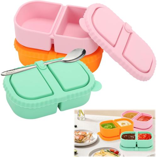 Bento Box 2 Pack Silicone Reusable Snack Containers with Lids, Double Compartment Snack Containers, Silicone Snack Box, Snackle Box Container for Travel, Office, Picnic(Pink/Green)