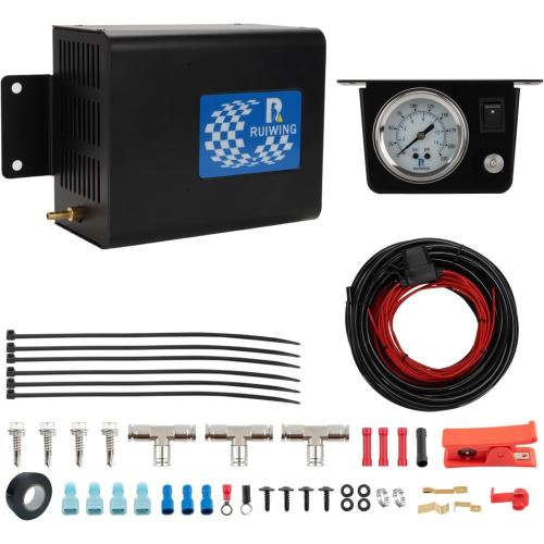 Air Bag Compressor Kit, On Board Air Compressor System with Air Ride Compressor, Pressure Gauge, Hardware and Air Line, for Truck Air Suspension Control