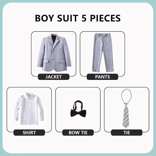 Size/ m color grey Boys Formal Suit Set Kids 5 Piece Suit Jacket Pants Set with Dress Shirt and Tie Prom Wedding Tuxedo Suits