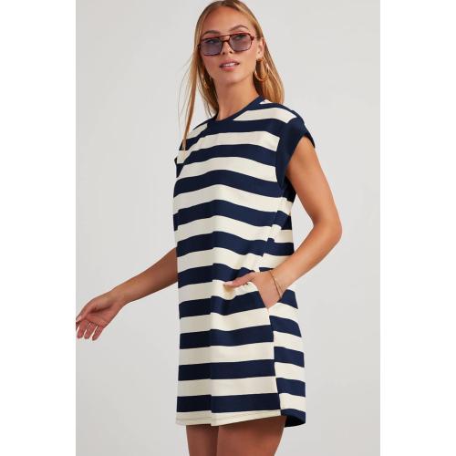 Size M AlvaQ Womens Striped Summer Dresses 2025 Crewneck Cap Sleeve Color Block Casual A Line Tshirt Dress with Pockets