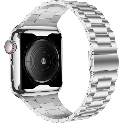 iiteeology Compatible with Apple Watch Bands 44mm Series 6 5 4 Se, Upgraded Stainless Steel Band with iWatch Screen Protector Case for Men Women Silver/Silver