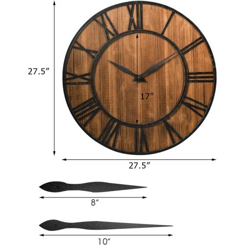 Tangkula 25.6  Inch Round Wall Clock, Farmhouse Large Wall Clock with Roman Numerals, Come with AA Battery, Wooden Rustic Clock Hanging for Home Office (Bronze Brown)