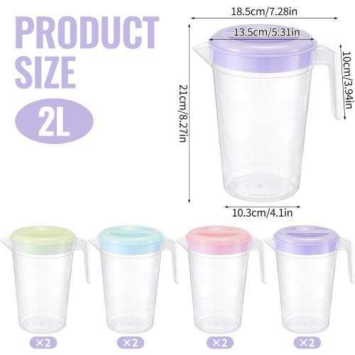 8 Pcs Plastic Pitcher with Lid & Handle, 2Qt Clear Water Pitcher Set, Round Beverage Pitchers with Easy Pour Spout for Water, Iced Tea, Party, Picnic, Camping and Home (4 Colors)