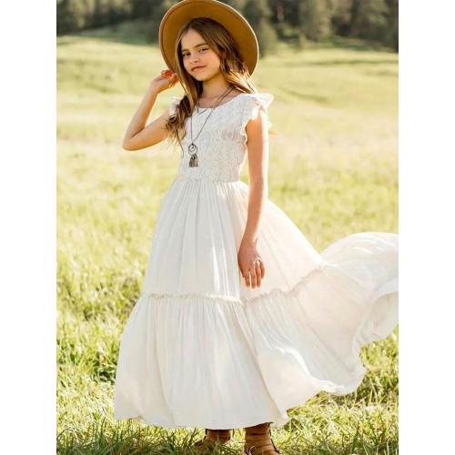 White Boho Toddler Flower Girls Dresses for Wedding Lace Embroidery Bridesmaid Dresses Long Chiffon Party Dresses PT126