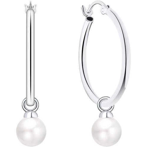 JO WISDOM 925 Sterling Silver Hoop Earrings with Simulated Danlge Pearl(white/Black)