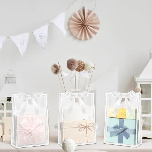 Aliceset 12 Pcs Clear Plastic Gift Bag with Die Cut Handles Reusable PP Favor Bag with Ribbon for Wedding Bridal Birthday Baby Shower Party Small Business, 7x10x3.15 Inch(White)