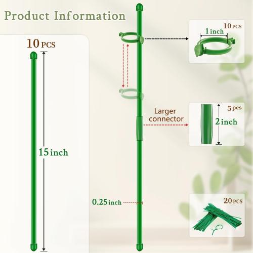 Plant Support Stakes 15 Inch for Indoor Plants,10 Pcs SupKing Orchid Sticks with Clips Garden Stake Extended for Outdoor Potted Tomato Rose Vegetables House Palnts Comes with 20 Plants Ties