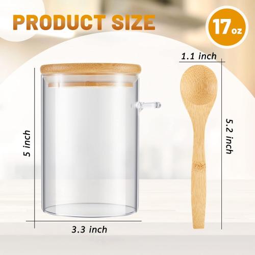 Tessco for you 8 Pack Sugar Jar Glass Container with Spoon Clear Glass Jars with Bamboo Lid and Spoon Scoop for Women Christmas Kitchen Gift Coffee Beans, Spice, Sugar, Nuts, Candy, Salts (17 oz)