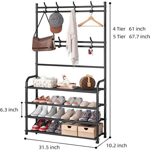 Black H: 61 4 Tier Shoe Rack Coat Rack Shoe Shelf Freestanding with 8 Hooks for Front Door Entryway Bedroom Closet, Black