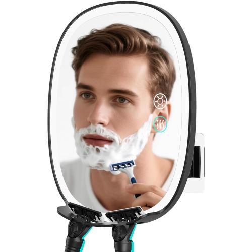 COSMIRROR Heated Shower Mirror Fogless for Shaving, Lighted Shaving Mirror with 2 Razor Holders, 5000mAh Rechargeable No Fog Mirror for Shower with Light, Adhesive Steam Free Shower Mirror for Men