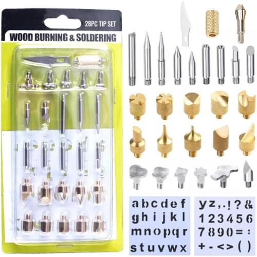 Wood Burning Tips, 28pcs Wood Burning Kit Carving Alphabet Figure Symbol Tool for Pyrography Embossing Soldering DIY Crafts Wedding Gift Wood Burner Tips Set Screw on Brass Pen Accessories Only