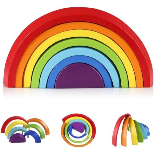 Coogam Wooden Rainbow Stacker Nesting Puzzle Blocks - Tunnel Stacking Game Building Creative Color Shape Matching Jigsaw Learning Toy Set Board Early Development Gift for Kids Boy Girl