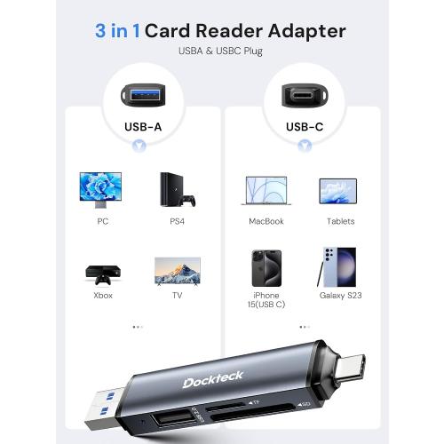Dockteck SD Card Reader, 5G Super Speed USB3.0 SD/TF Card Reader, 3-Slot USB A/C to SD/Micro SD/USB A Memory Card Reader for UHS-I SD/Micro SD/SDHC/SDXC/MMC, Support OTG for Plug&Play