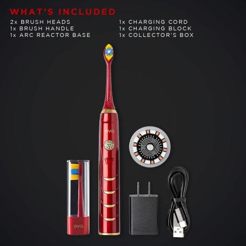 evo IRM-1 Iron Man Rechargeable Sonic Toothbrush, Marvel Electric Toothbrush for Adults, Soft Brushes for Adults with 2-Minute Timer, Replacement Heads & Charger Included