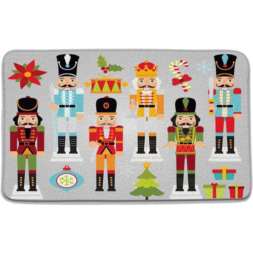 Merry Christmas Bath Mat The Nutcracker Xmas Tree Poinsettia Colorful Cute Cartoon Winter Holiday Bathroom Decor Rug Doormat Toilet Floor Rug,17.8x29.5 Inch