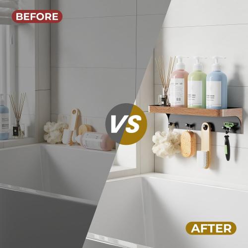 Shower Caddy Adhesive with 5 Hooks & Drainage, No-Drill, Wood