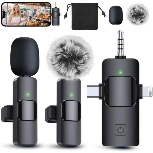 PQRQP 3 in 1 Professional Wireless Lavalier Microphone for iPhone, Android, Camera, Wireless Microphones, Mini Microphone, Crystal Clear Sound Quality for Recording, Live Streaming, Microphone Clips