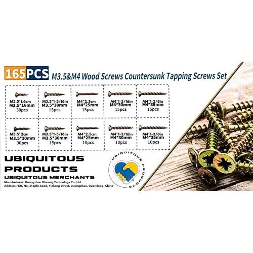 165-Piece Self Tapping Screw Assortment Set, 1.6 CM - 1 3/8 in, Countersunk Head, Wood Screws, Zinc Plate Carbon Steel, Phillips Head, DIY, Durable Organizer Box