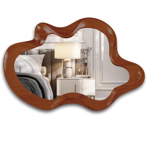 32x 21 Irregular Wall Mirror, Walnut Wooden Framed Asymmetrical Wall Mirror for Living Room Bedroom Entryway Bathroom Modern Decorative Hanging Hooks
