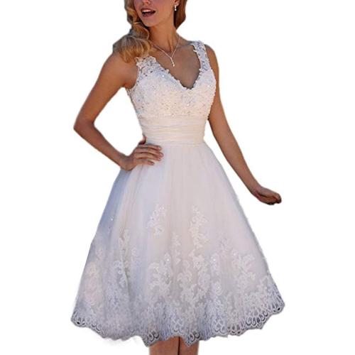 Short Lace Wedding Dresses (104x86) Knee Length Travel Tulle Rhinestones V-Neck Lace Up Bride Gowns Vintage Dress