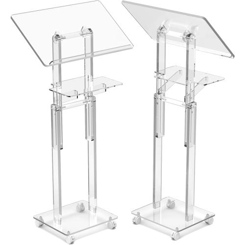 Acrylic Podium Stand Portable, Rolling Podium with Wheels, Clear Podium with Storage Shelf, Lockable Wheels, Adjustable Height pulpits for Churches, Classroom, Weddings, Speech