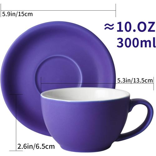 Yundu Ceramics Latte Cup and Saucer - 10 oz for Cappuccino,Tea,Cafe Mocha, Set of 4,Matte Mixed Color