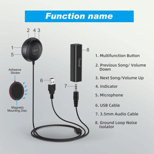 Bluetooth Car Adapter, 3.5mm Aux Bluetooth Adapter for Car/Home Stereo/Speakers, Blue-Tooth Audio Receiver with Ground Loop Noise Isolator, Hands-Free Calls, Dual Connection, 3.5mm AUX Input