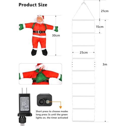 Christmas Decorations LED Ladder Lights with Climbing Santa Claus, 10ft Outdoor Christmas Decorative Light - 8 Modes Xmas Lights Tree for Home Holiday Wall Window Xmas Decor (Cool White)