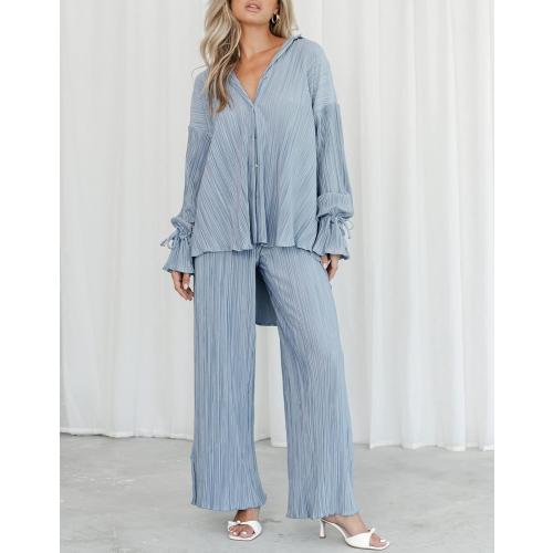 NUFIWI Women Large Pleated 2 Piece Pants Outfits Casual Loose Button Shirt Blouse Top Long Wide Leg Palazzo Pants Set Jumpsuit
