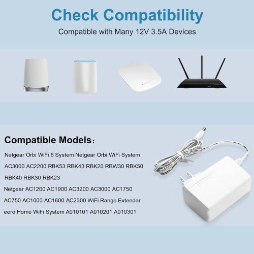 12V 3.5A Charger comaptible with Netgear Orbi WiFi System AC3000 AC2200 RBK53 RBK43 RBK20 RBW30 RBK50 RBK40 RBK852 RBK853 eero Home WiFi System A010101 A010201 A010301 Charger