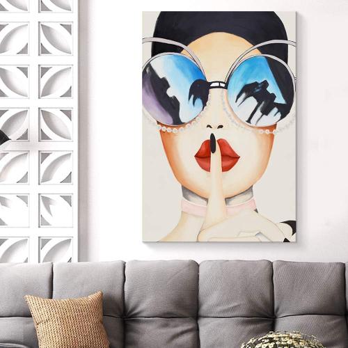 NWT Canvas Wall Art Fashion Woman Wears Unique Glass Red Lips Painting Artwork for Home Decor Framed - 32x48 inches