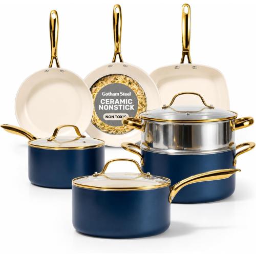 Gotham Steel 12 Pc Pots and Pans Set Non Stick Ceramic Cookware Set | Non Toxic PFOA/PFOS/PTFE Free, Stay Cool Stainless Steel Handles, Dishwasher and Oven Safe, Navy Gold