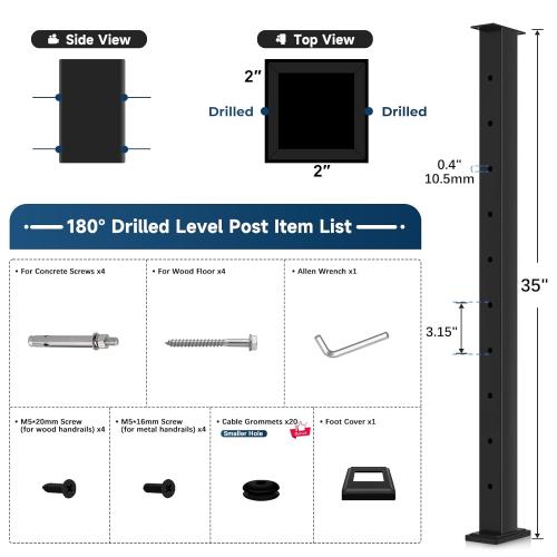 36 Cable Railing Post, Fixed Top Level Drilled Line Post with Cable Grommets, Stainless Steel Black Powder Coated Finish Handrail Post, Heavy-Duty Wire Railing Post for Wood/Concrete Deck