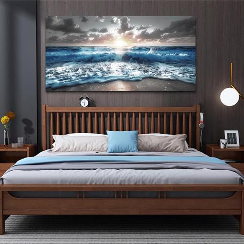 60x30 hyidecorart Large Wall Art For Living Room Modern Wall Decor For Office Blue Beach Painting Sea Waves Sunshine Wall Pictures Bedroom Home Decoration Prints Posters Mural Artwork Ready To Hang 60x30