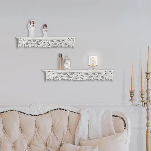 White Floating Shelves for Wall 24inch & 19inch Long - French Country Wall Decor Wood Distressed Mounted Shelf Vintage Hanging Shelving for Bathroom Bedroom 2 pcs