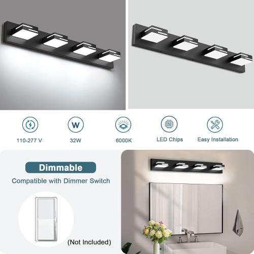 LED Modern Bathroom Vanity Light Fixtures, Dimmable Matte Black Vanity Lights for Bathroom Lighting Fixtures Over Mirror, with 360° Rotatable Acrylic Heads 4-Light 30-inch (Cool White 6000K)