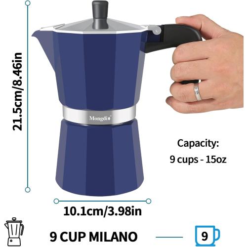 Mongdio Stovetop Espresso Maker Moka Pot, Stove Top Cuban Coffee Maker, Italian Greca Mocha Pot, 9 Espresso Cups, 15 oz - Blue