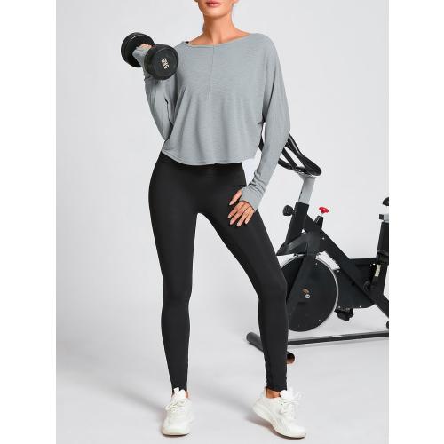 Size M... Womens Long Sleeve Workout Tops Athletic Shirts Cropped Crossover Back Loose Running Gym Tee with Thumb Holes