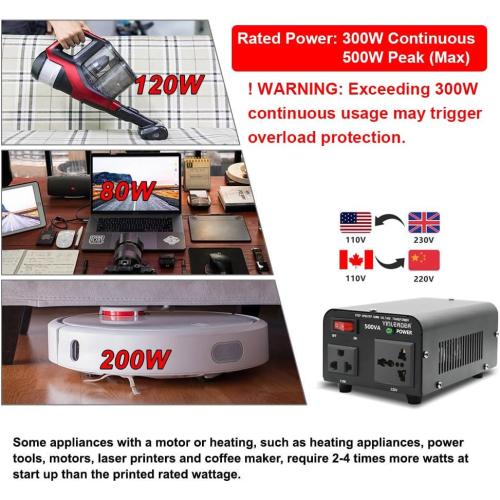 Yinleader 500W Voltage Transformer Power Converter(110V to 220V, 220V to 110V) Step Up/Down Converter 110/120 Volt - 220/240 Volt w/US Power Cord [300W Continuous Power]