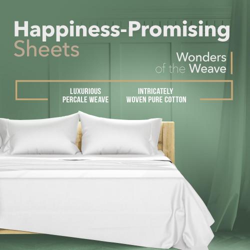 TEXAS LINEN CO. 100% Organic Cotton Percale Sheets Full Size - White, 4 Piece Set, Soft & Crisp, Cooling, 16 Deep Pocket Hotel Sheets