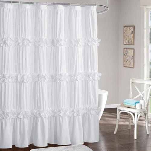 Victorian Ruffle Shower Curtain, Ruched Microfiber Vintage Handcrafted Bow Tie Bath Curtain for Master Bathroom, with 12 Buttonholes, 72 W x 72 H, White (LQ-10)